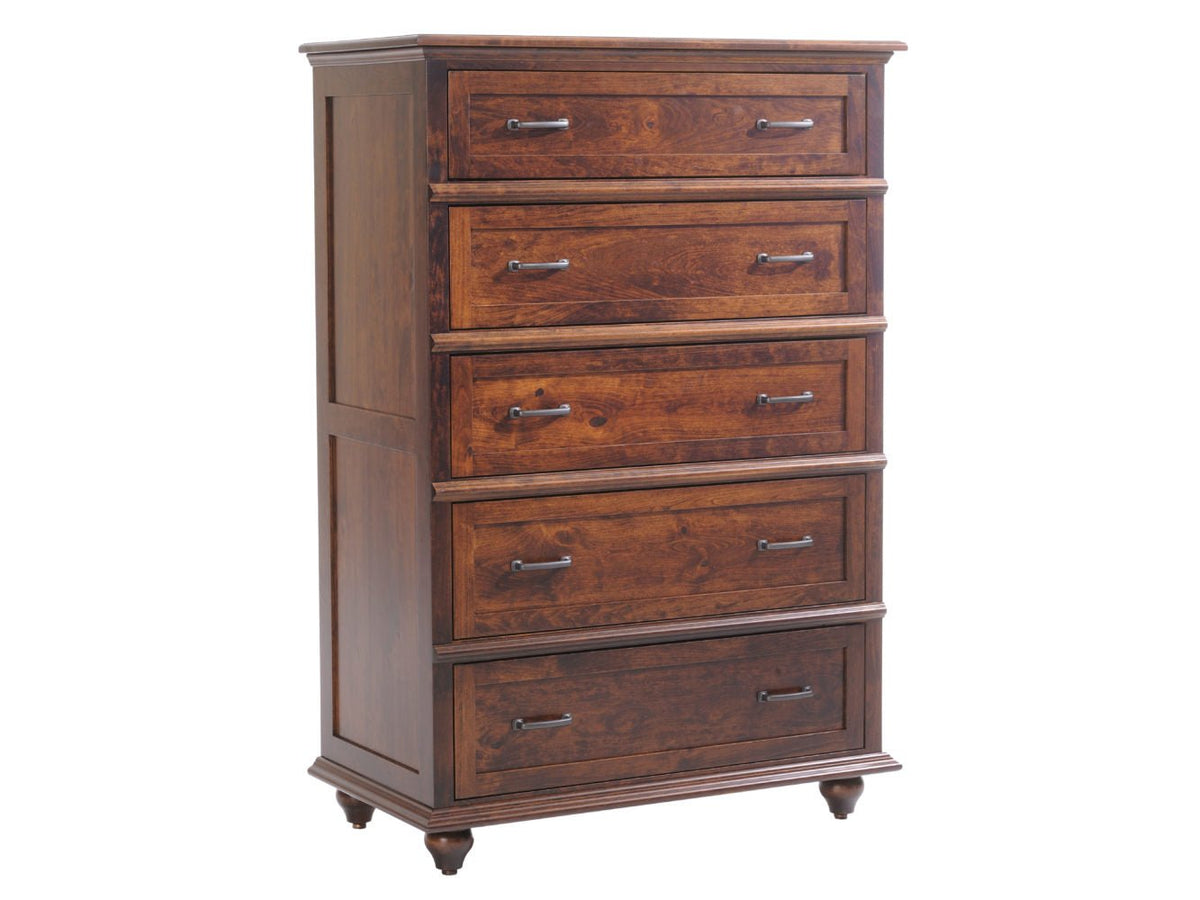 Five-drawer chest of drawers in cherry with raised panel drawer fronts, dark bar pulls, molded top and turned bun feet