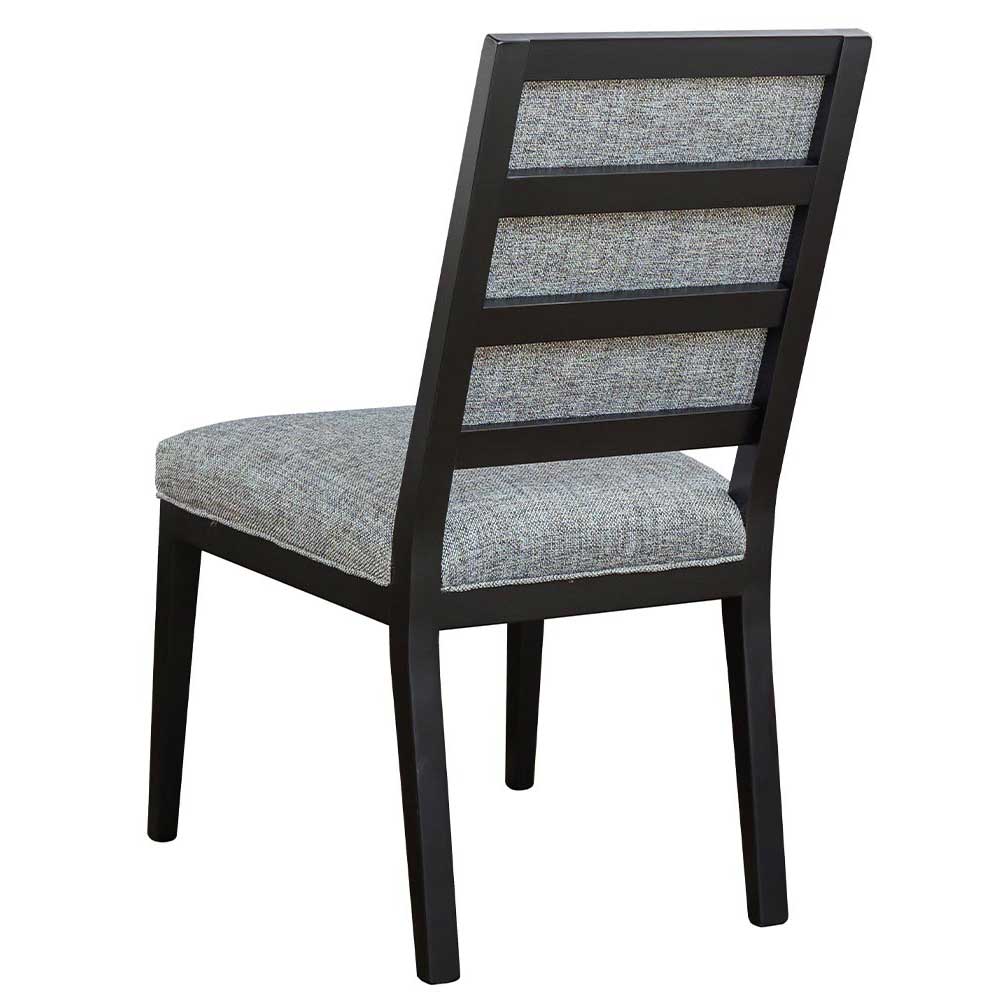 Back view of a modern dining chair showing three horizontal upholstered gray panels in a black frame above the padded seat
