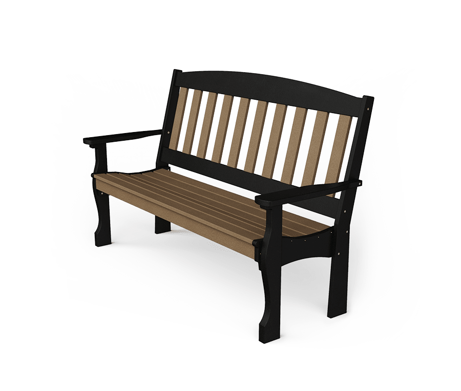 Angled studio view of the black and cedar poly bench showing curved arms, slat back and sturdy shaped legs