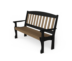 Angled studio view of the black and cedar poly bench showing curved arms, slat back and sturdy shaped legs