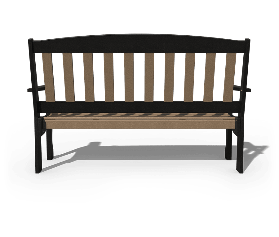 Rear view of the 5 foot poly bench showing the arched black crest rail and evenly spaced cedar back slats