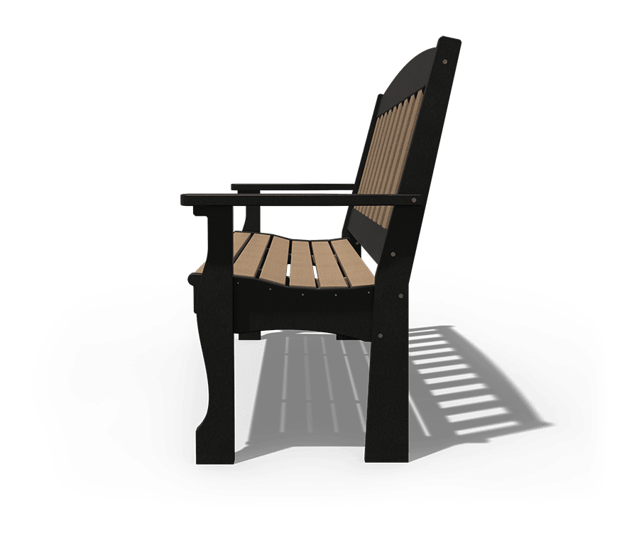 Side elevation of the poly patio bench with black scrolled leg, contoured cedar seat slats and flat armrest