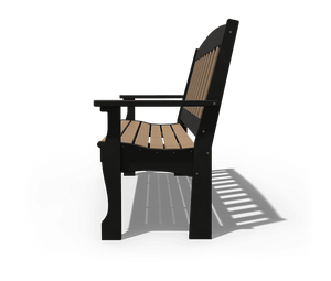 Side elevation of the poly patio bench with black scrolled leg, contoured cedar seat slats and flat armrest