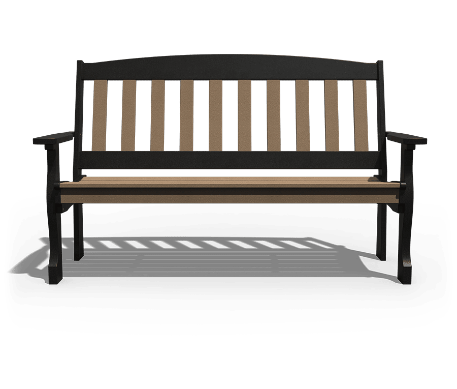 Head-on view of the 5 foot poly garden bench with black frame, cedar back slats and a wide plank seat