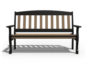 Head-on view of the 5 foot poly garden bench with black frame, cedar back slats and a wide plank seat