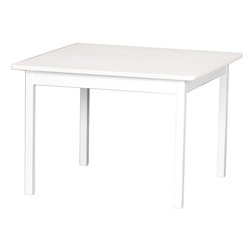 Square kid's table painted all white, with a plain apron and four straight square legs on a white background