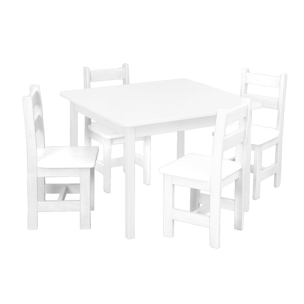 White square kid's table with four matching ladder-back chairs pulled up on each side