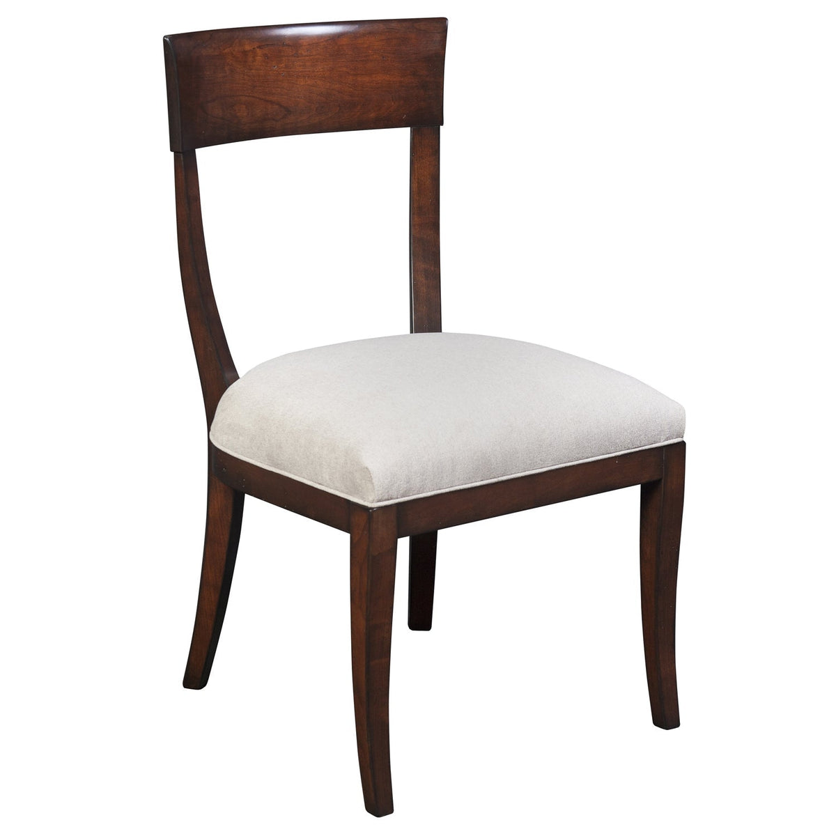 Side chair in dark cherry with a panel crest back, beige upholstered seat and flared tapered legs, white background
