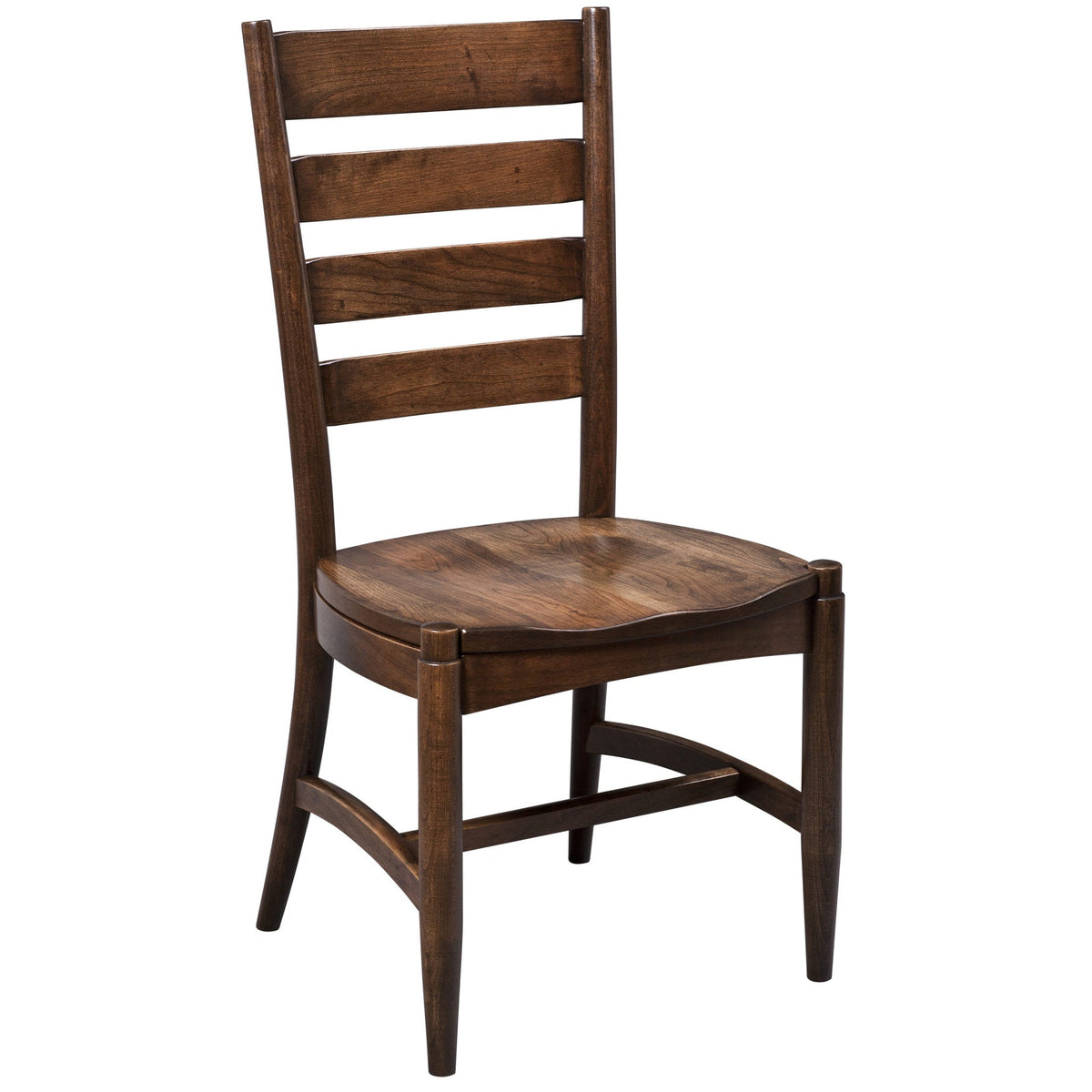 Modern ladder back side chair in dark walnut stained wood with four wide slats, shaped saddle seat and tapered legs