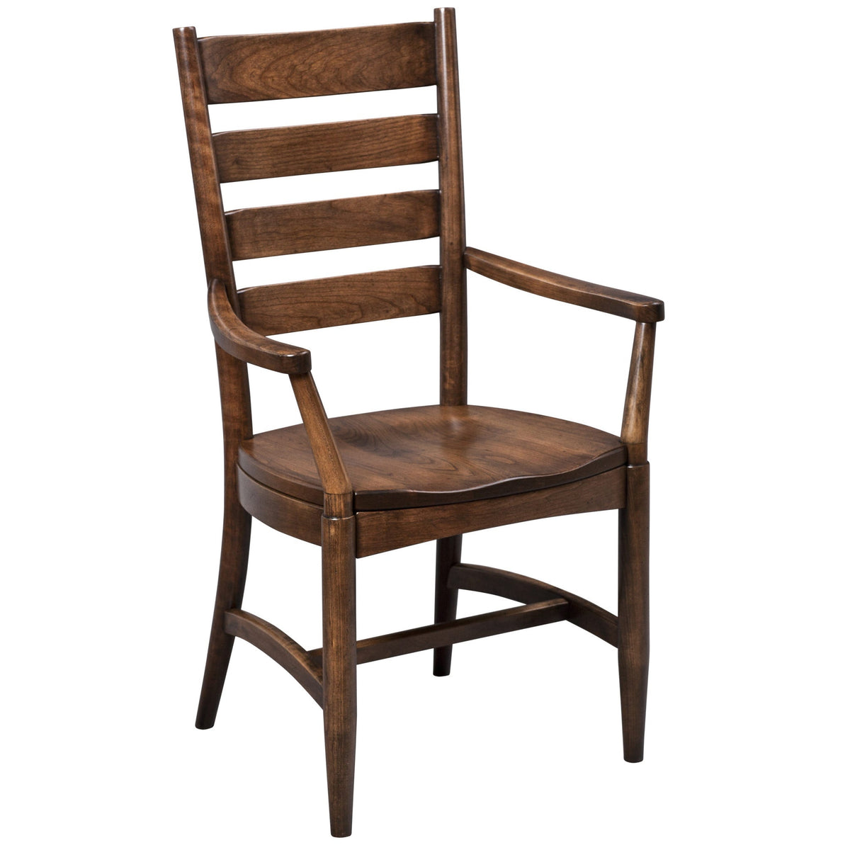 Ladder back dining arm chair in dark brown wood with curved arms, four horizontal slats and a contoured wood seat