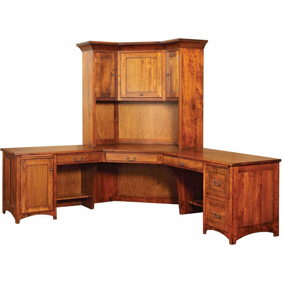 Solid wood corner L desk with corner hutch, upper cabinets, drawers and file drawer, shown on a white background