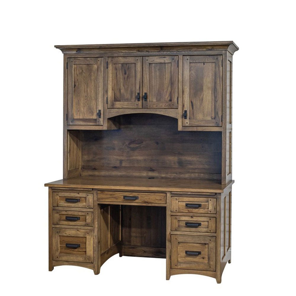 Rustic hickory kneehole desk with hutch top, arched cabinet doors, six drawers and monitor in a warm home office