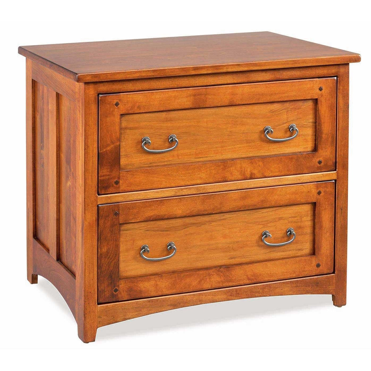 Honey stained solid wood lateral file cabinet with two paneled drawers and antique pewter bail pulls