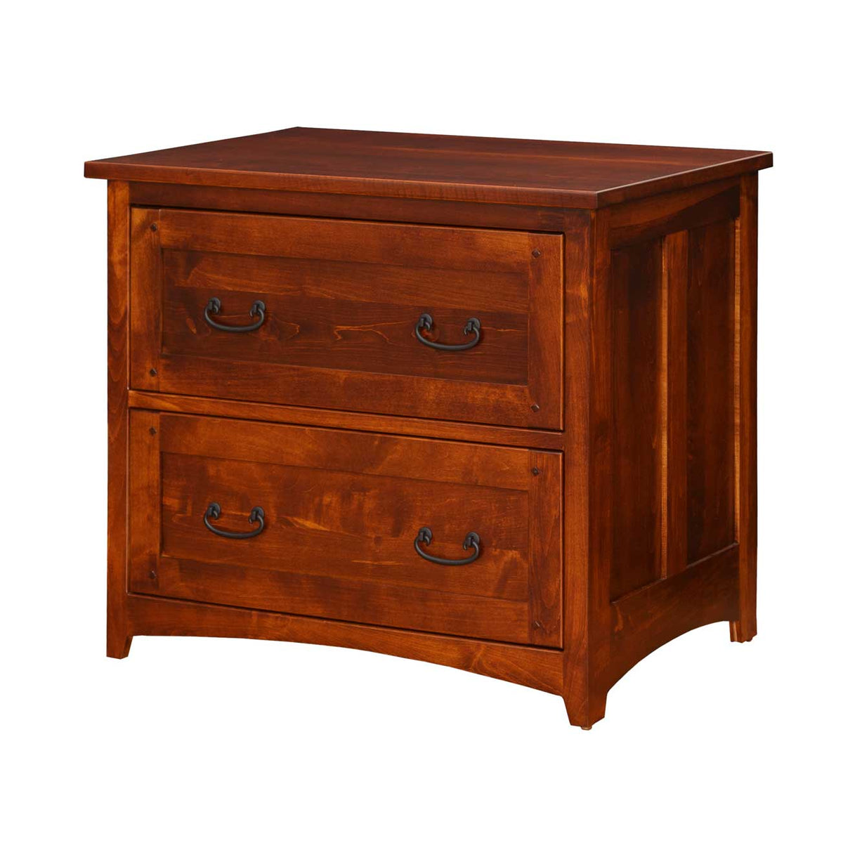 Angled view of a cherry lateral file cabinet with two wide drawers, pegged corners and arched base