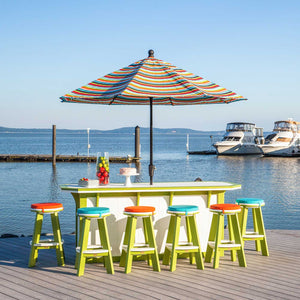 Lime green and white poly bar island with six round stools and a striped umbrella on a marina dock