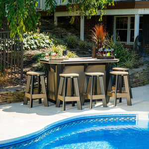Poolside outdoor bar island in weathered wood and black poly with six backless swivel bar stools