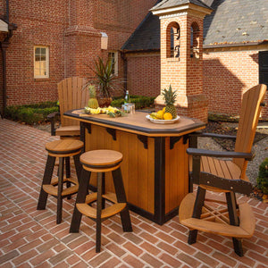 Outdoor patio bar set in cedar and black poly with swivel bar stools and matching balcony chairs in a brick courtyard