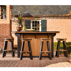 Cedar and black poly bar island with four backless swivel bar stools set against a brick colonial house