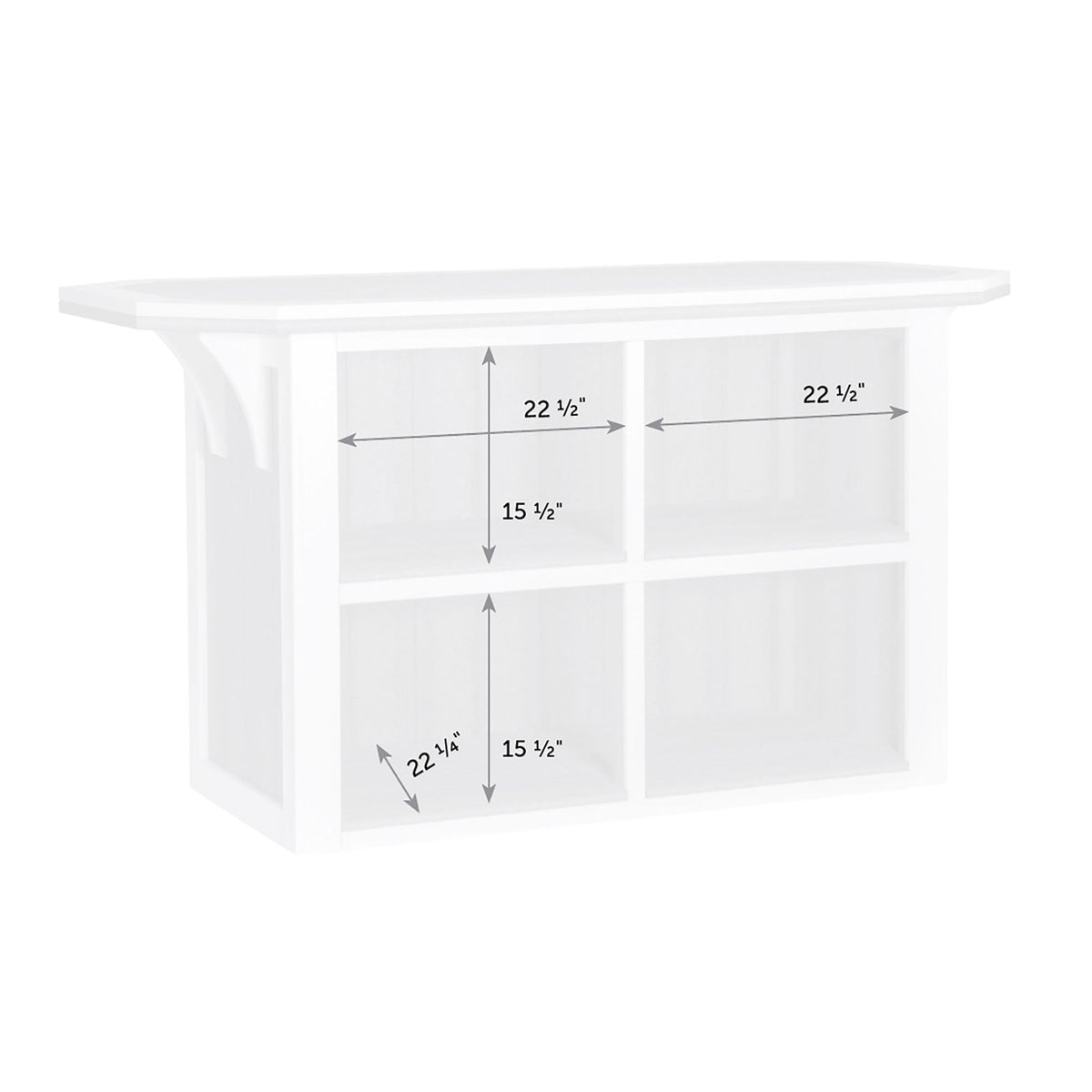 Dimension diagram of the outdoor bar's back storage: four cubbies each 22.5 inches wide by 15.5 inches high
