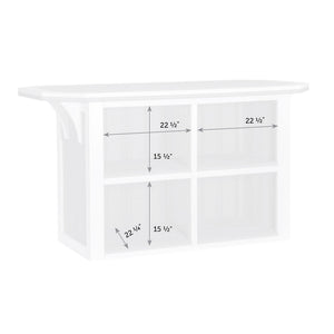 Dimension diagram of the outdoor bar's back storage: four cubbies each 22.5 inches wide by 15.5 inches high