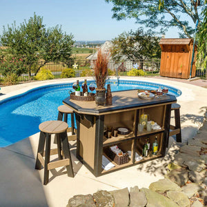 Overhead view of the two-tone weatherwood and black poly bar island set with stools beside an inground pool