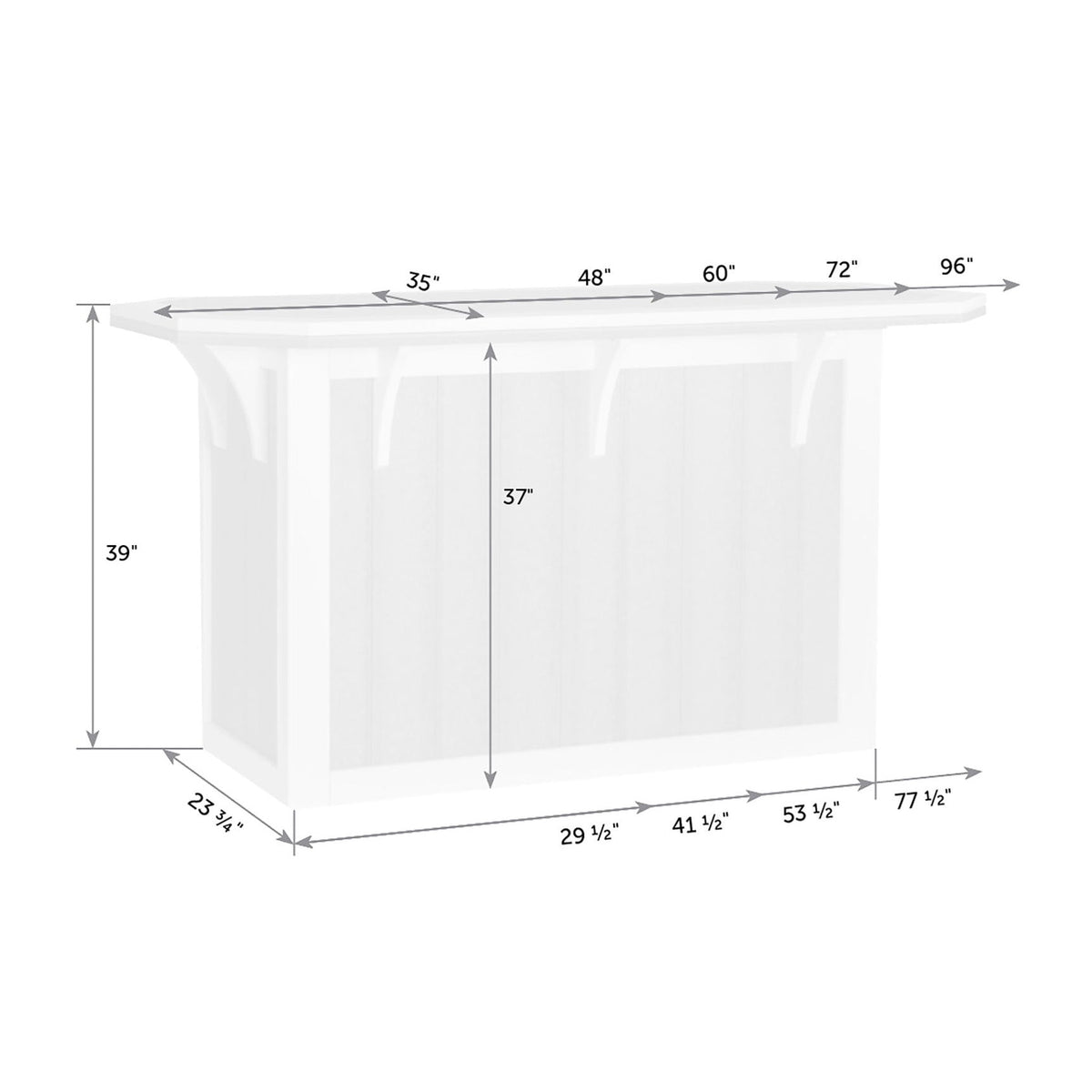 Dimension diagram of the outdoor bar: 96 inch top, 39 inch height, 23.75 inch depth with size options from 35 to 96 inches