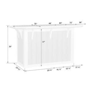 Dimension diagram of the outdoor bar: 96 inch top, 39 inch height, 23.75 inch depth with size options from 35 to 96 inches