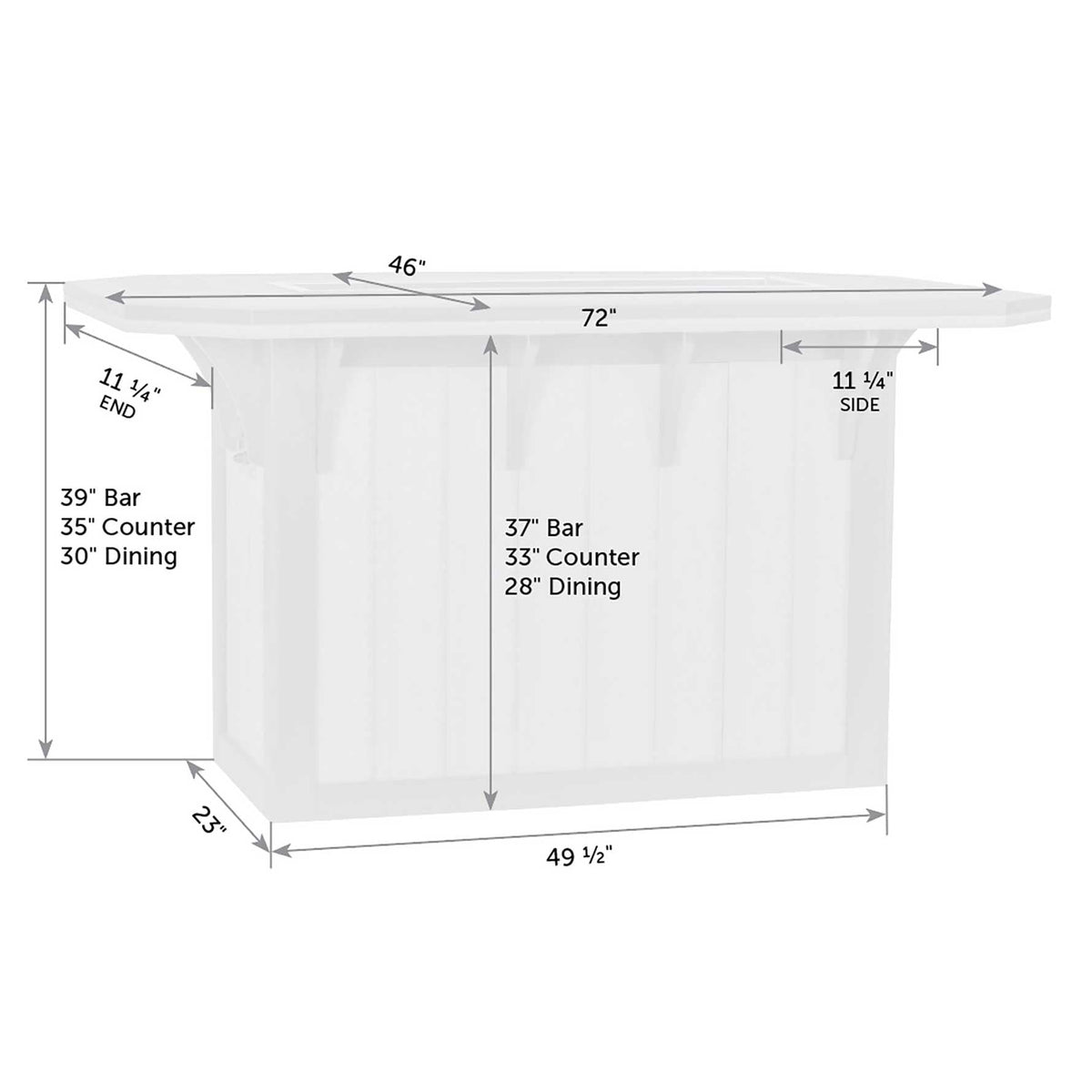 Dimension diagram of the fire bar table: 72 by 46 inch top with 39 inch bar, 35 inch counter and 30 inch dining heights