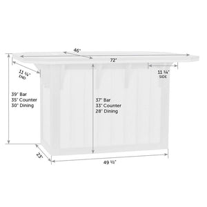 Dimension diagram of the fire bar table: 72 by 46 inch top with 39 inch bar, 35 inch counter and 30 inch dining heights