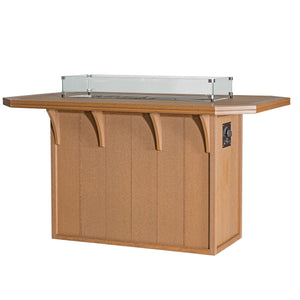 Light oak poly fire pit bar table with clipped-corner top, arched brackets and a linear glass wind guard