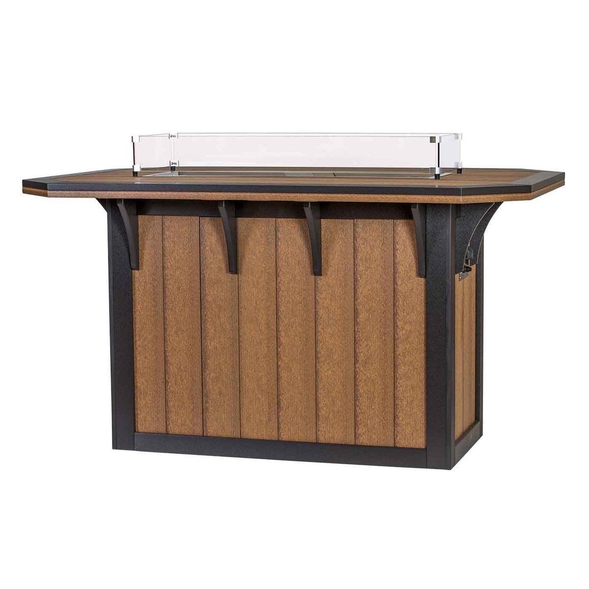 Antique mahogany and black poly fire pit bar table with paneled base, corbels and glass wind guard on white