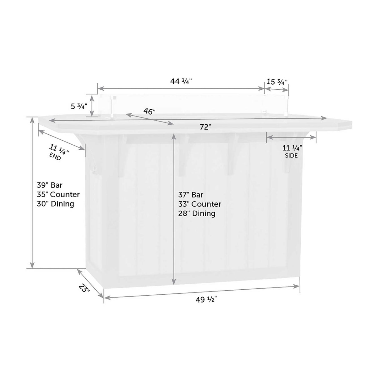 Dimension diagram of the fire dining table: 72 by 46 inch top, 44.75 inch burner and 39, 35 or 30 inch heights