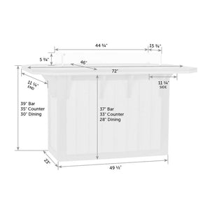 Dimension diagram of the fire dining table: 72 by 46 inch top, 44.75 inch burner and 39, 35 or 30 inch heights