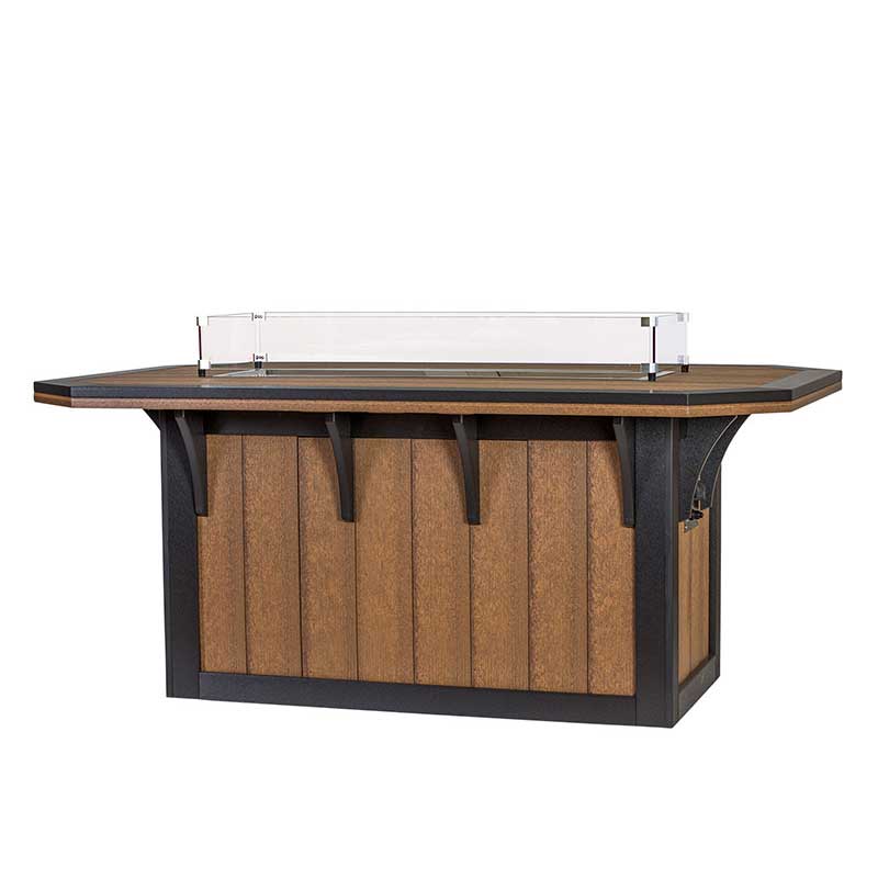 Antique mahogany and black poly fire pit dining table with paneled base, corbels and glass wind guard on white