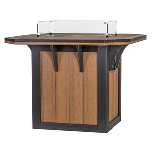 Antique mahogany and black poly square counter height fire pit table with clipped corners and clear glass flame guard on white