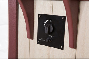 Push to turn gas valve and igniter on a black panel between cherry red corbels on an ivory poly fire table base