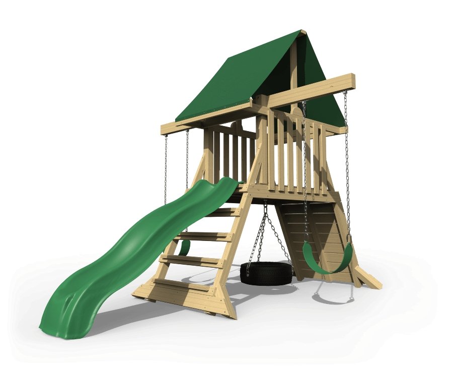 Studio view of the wooden play set showing the raised fort, green roof, wave slide, tire swing and belt swing