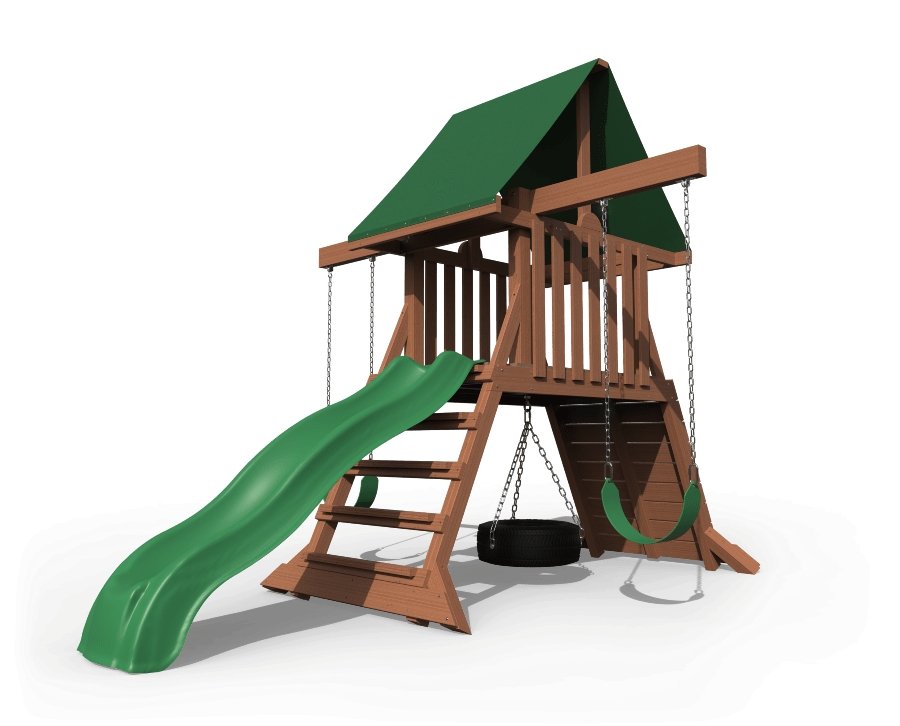 Dark stained backyard playset with green canopy roof, wave slide, ladder, tire swing and belt swing, on white