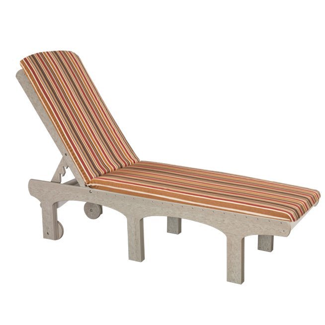 Birch poly chaise lounge fitted with a red, orange and tan striped cushion, shown on a white background