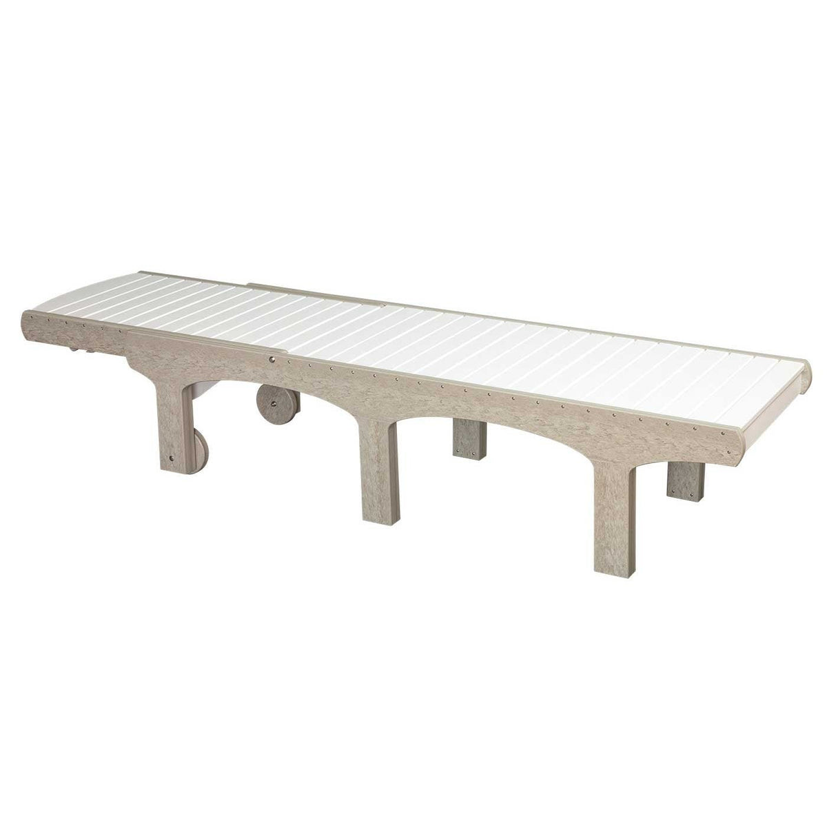 Side view of a poly chaise lounge reclined flat into a daybed position, showing slats, wheels and arched legs