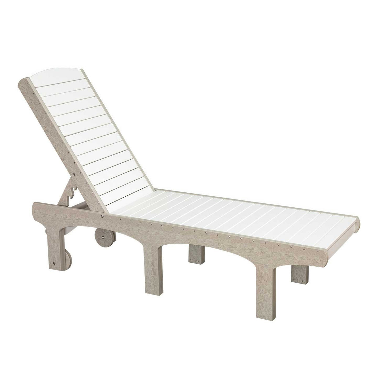 Birch and white poly sun lounger with a fanned slat back, arched apron legs and rolling wheels on a white background