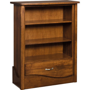 Cherry brown 48 inch bookcase with two adjustable shelves and a bottom drawer with a nickel pull
