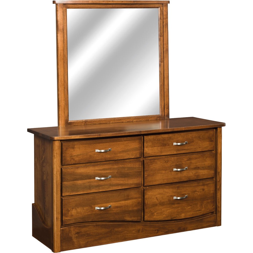 Six drawer dresser with a matching rectangular mirror in a warm cherry finish and nickel bar pulls