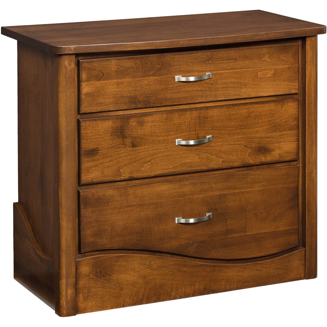 Low three drawer chest in warm cherry with nickel bar pulls, wavy base rail and side book cubby