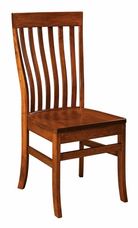 Solid cherry dining side chair with a gently curved slat back, contoured seat and flared rear legs on a white background