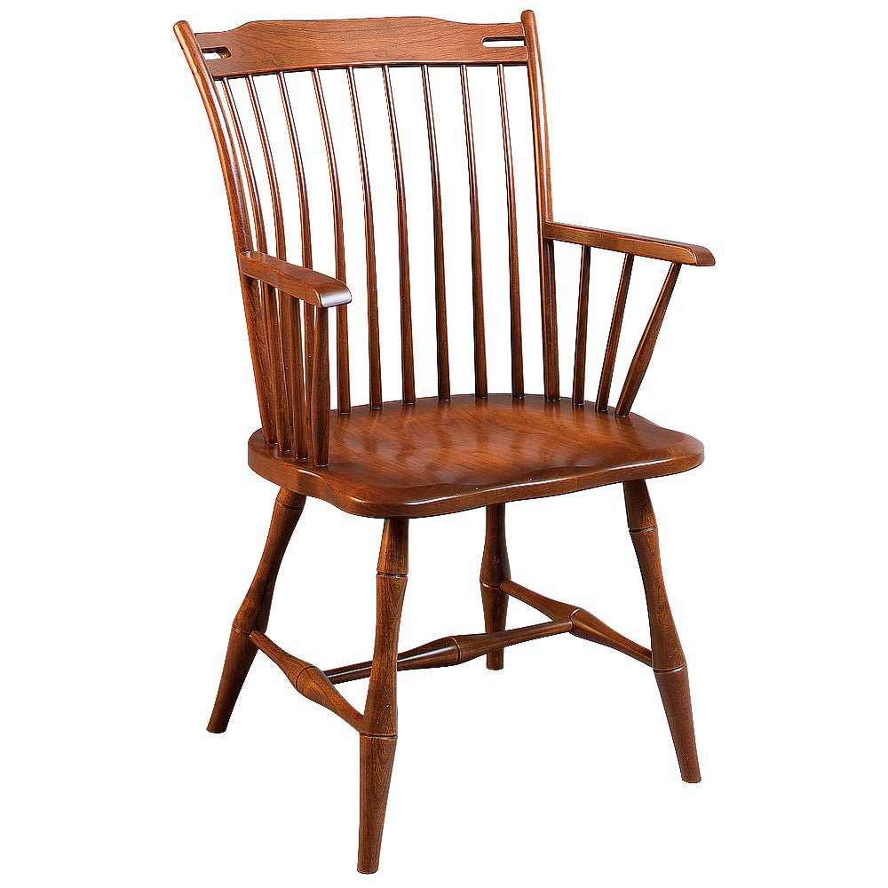 Thumb back Windsor arm chair in cherry with tall spindles, bamboo turned legs, flat arms and a shaped wood seat