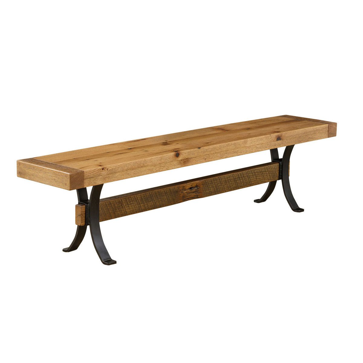 Long dining bench with a thick natural reclaimed oak seat on curved black steel legs and timber beam stretcher
