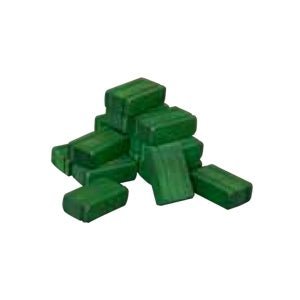 Small green painted wooden toy hay bales stacked in a pile, sized for wooden farm and barn play sets