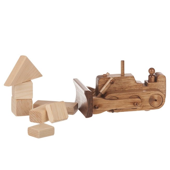 Set of natural wood toy building blocks in cubes, arches, triangles and planks arranged into small structures