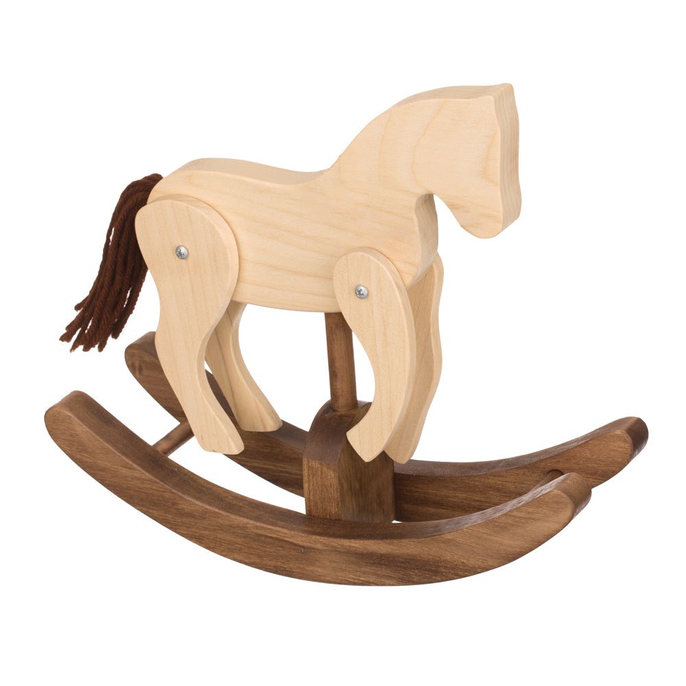 Wooden clackity horse toy with a light maple body, brown yarn tail and dark walnut curved rockers